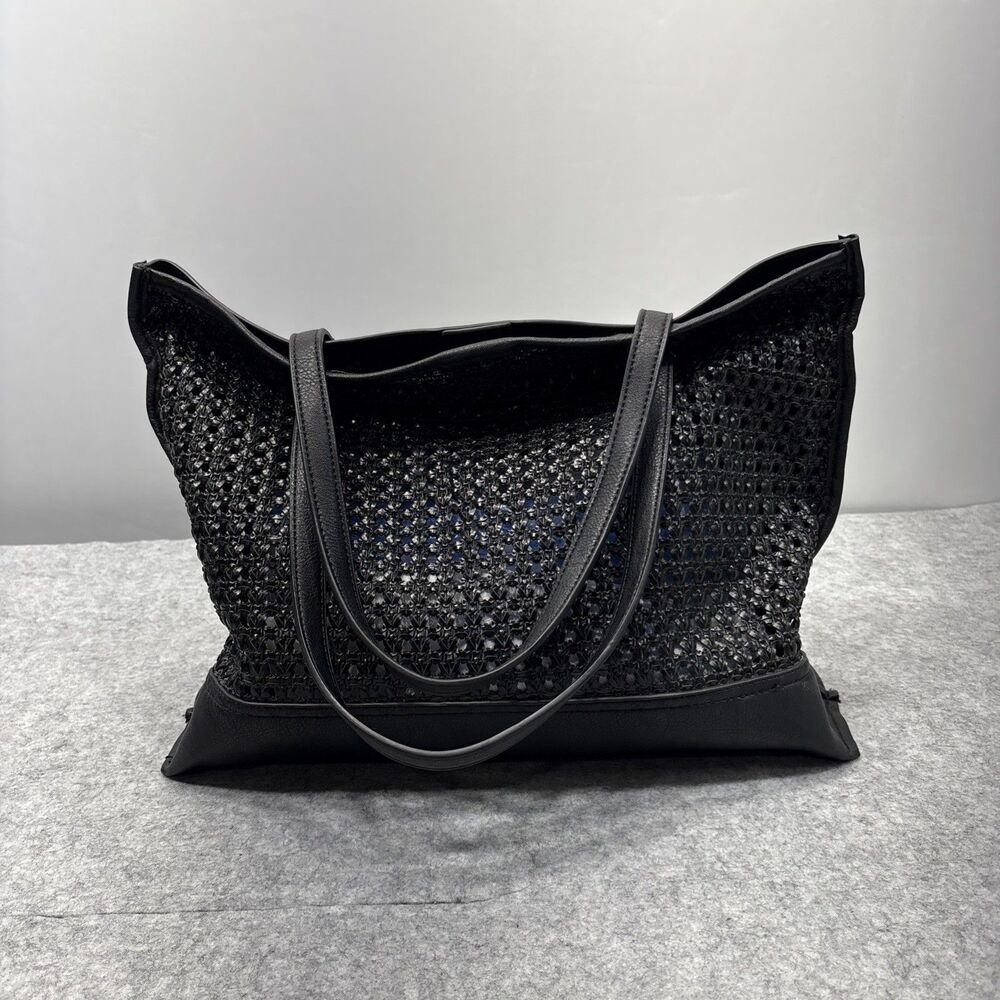 anthropologie Morgan Black Woven Tote Textured Vegan Shoulder Bag